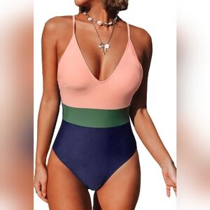 CUPSHE Women's Deep V Neck Crisscross Back Color Block Swimsuit Size S New.